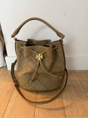 Tory Burch Quilted Olive Green Leather Drawstring Bucket Bag